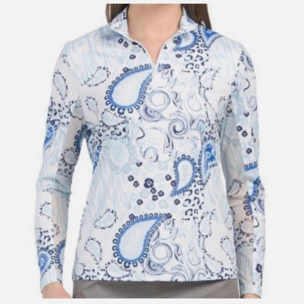 Gottex Blue and White Paisley Long Sleeve Top